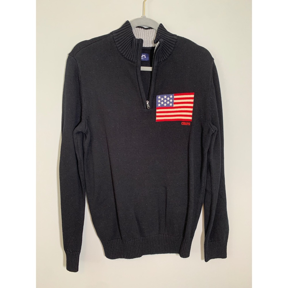 NEW‎ Chaps Quarter Zip Sweater Oversized Small Black American Flag Patch Cotton